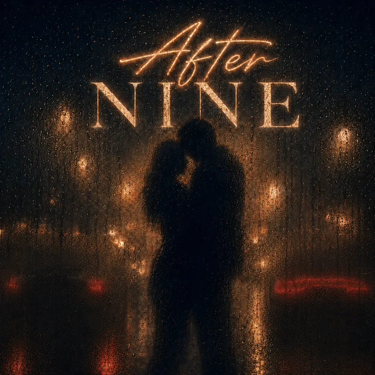 After Nine artwork: an anonymous couple embraces behind rain-streaked glass, framed by warm streetlights and red tail lights