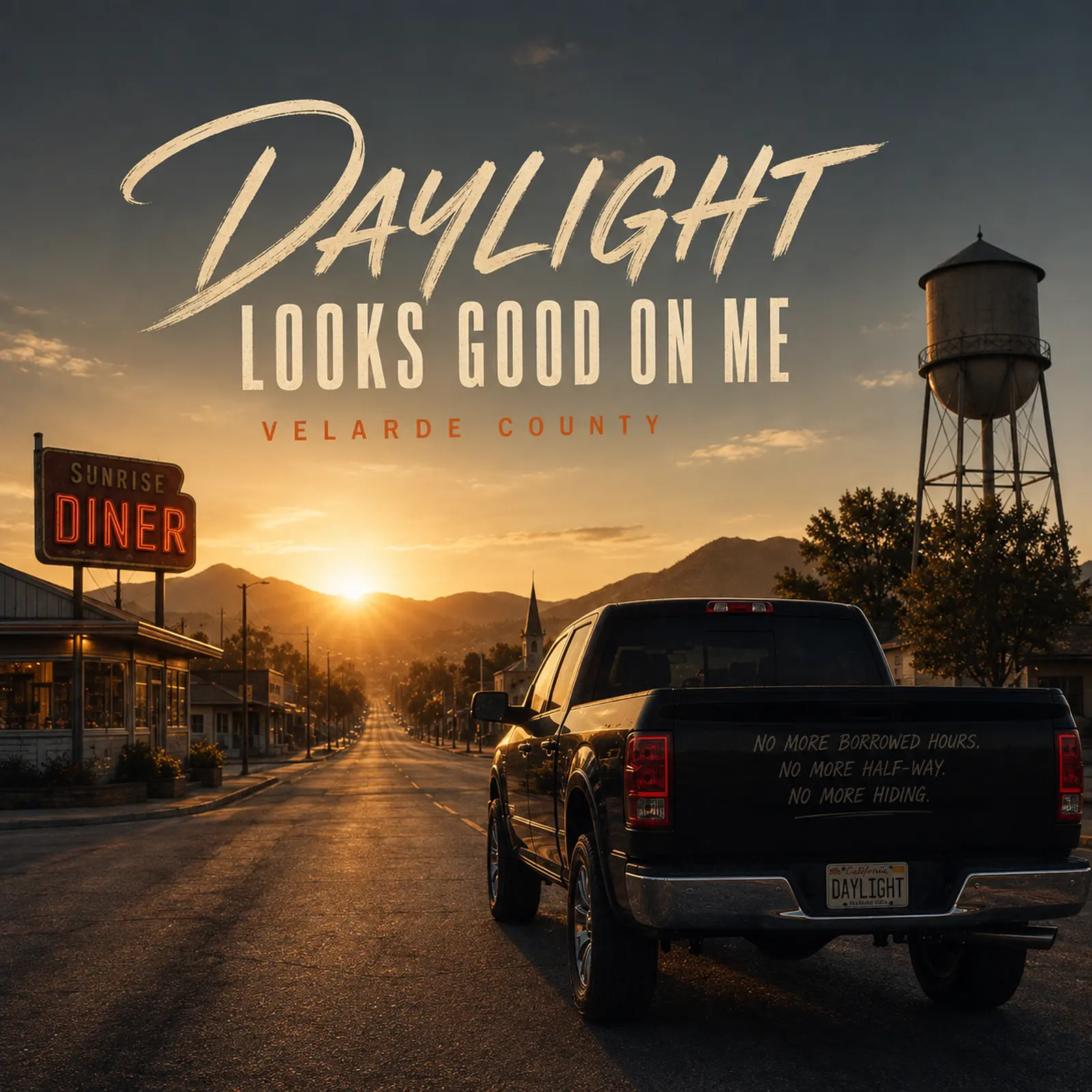 Daylight Looks Good on Me artwork: a dark pickup on a small-town main street at sunrise beside a diner and water tower