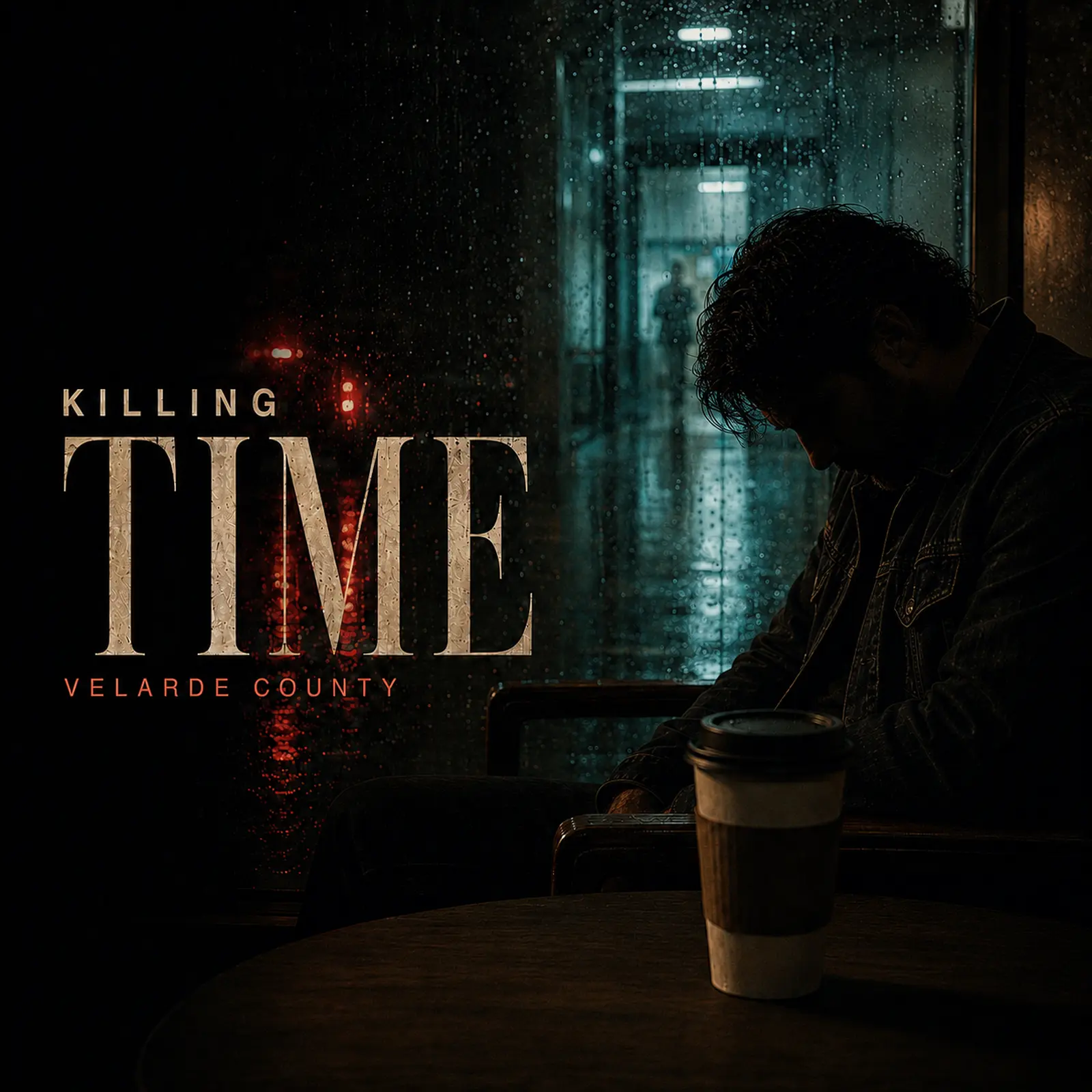 Killing Time artwork: an anonymous man waits with his head down beside rain-streaked glass and red-blue reflections
