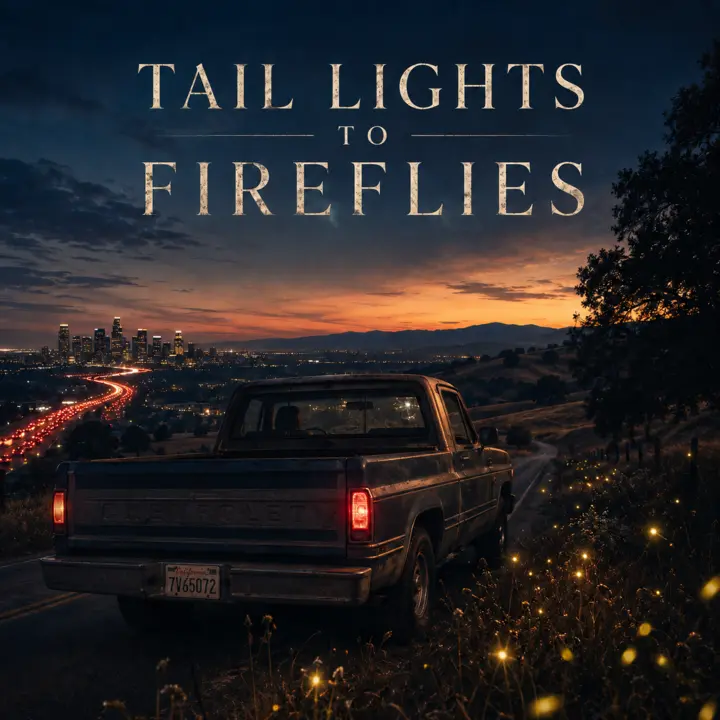 Tail Lights to Fireflies single artwork: a vintage truck beneath a firefly-filled sunset