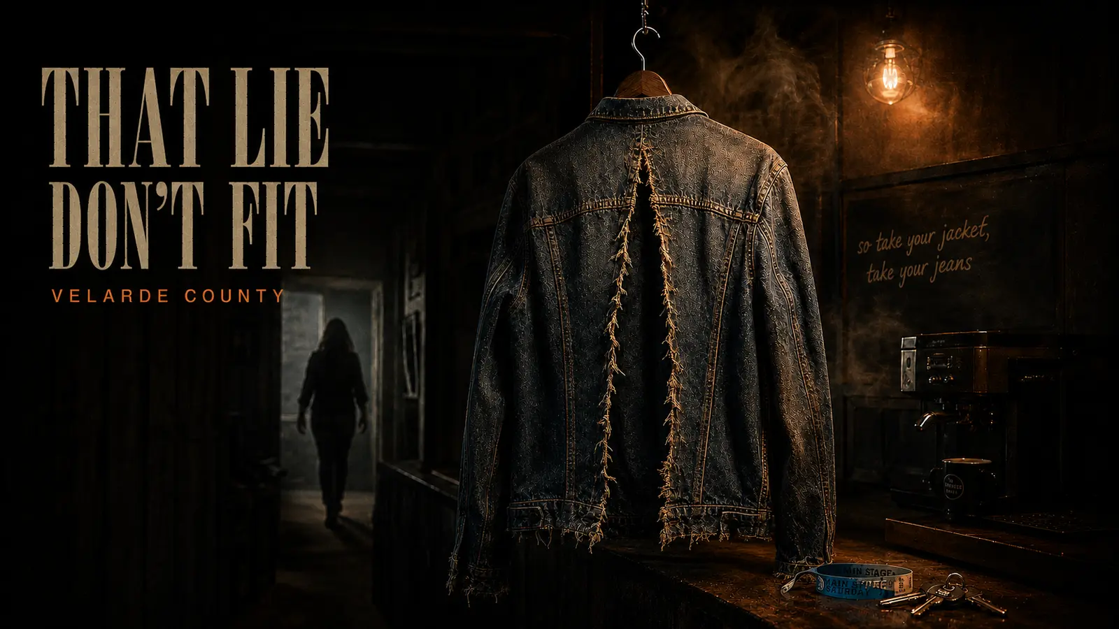 That Lie Don’t Fit: a denim jacket left behind as a woman walks away