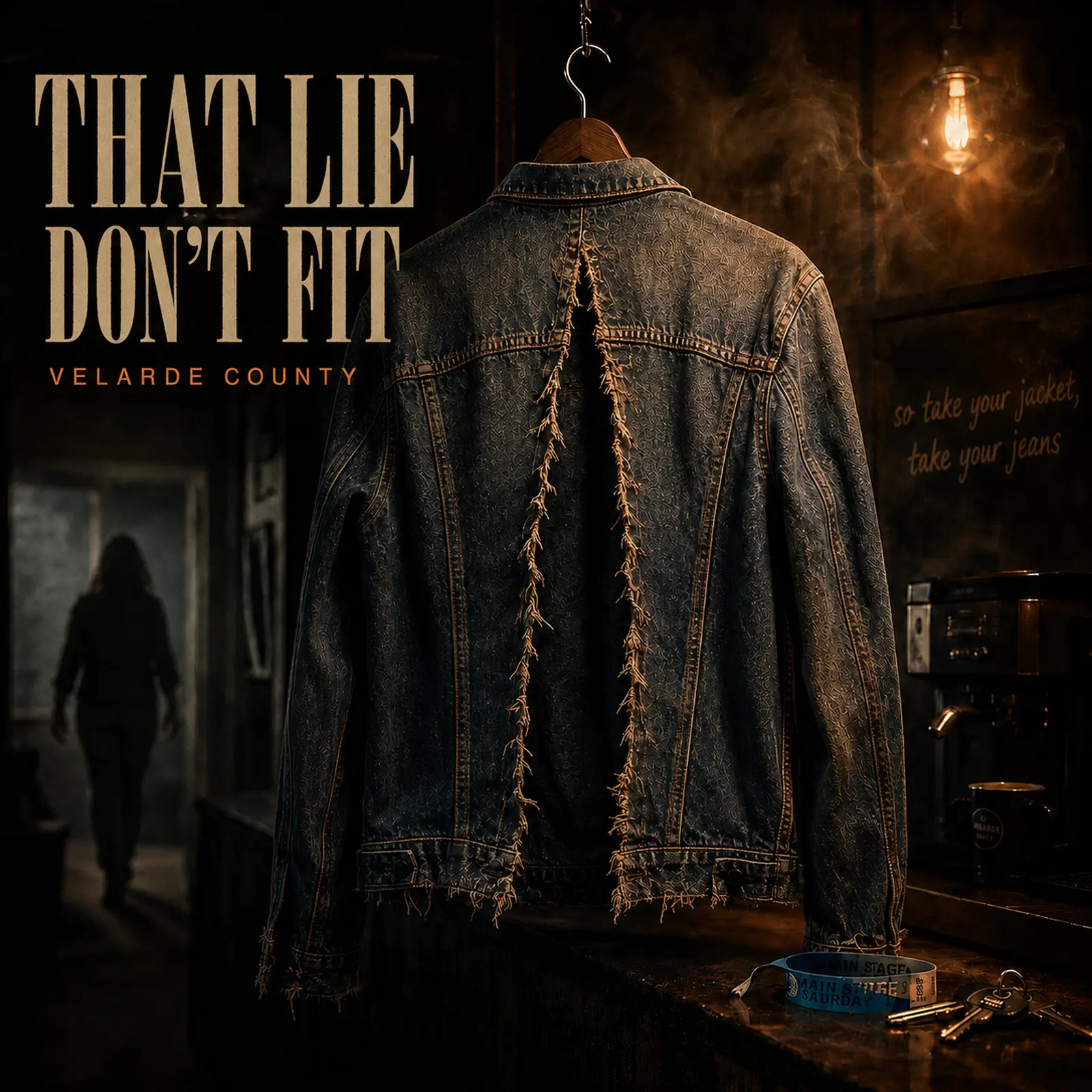 That Lie Don’t Fit artwork: a torn denim jacket above a counter while an anonymous woman leaves through a cool-lit doorway