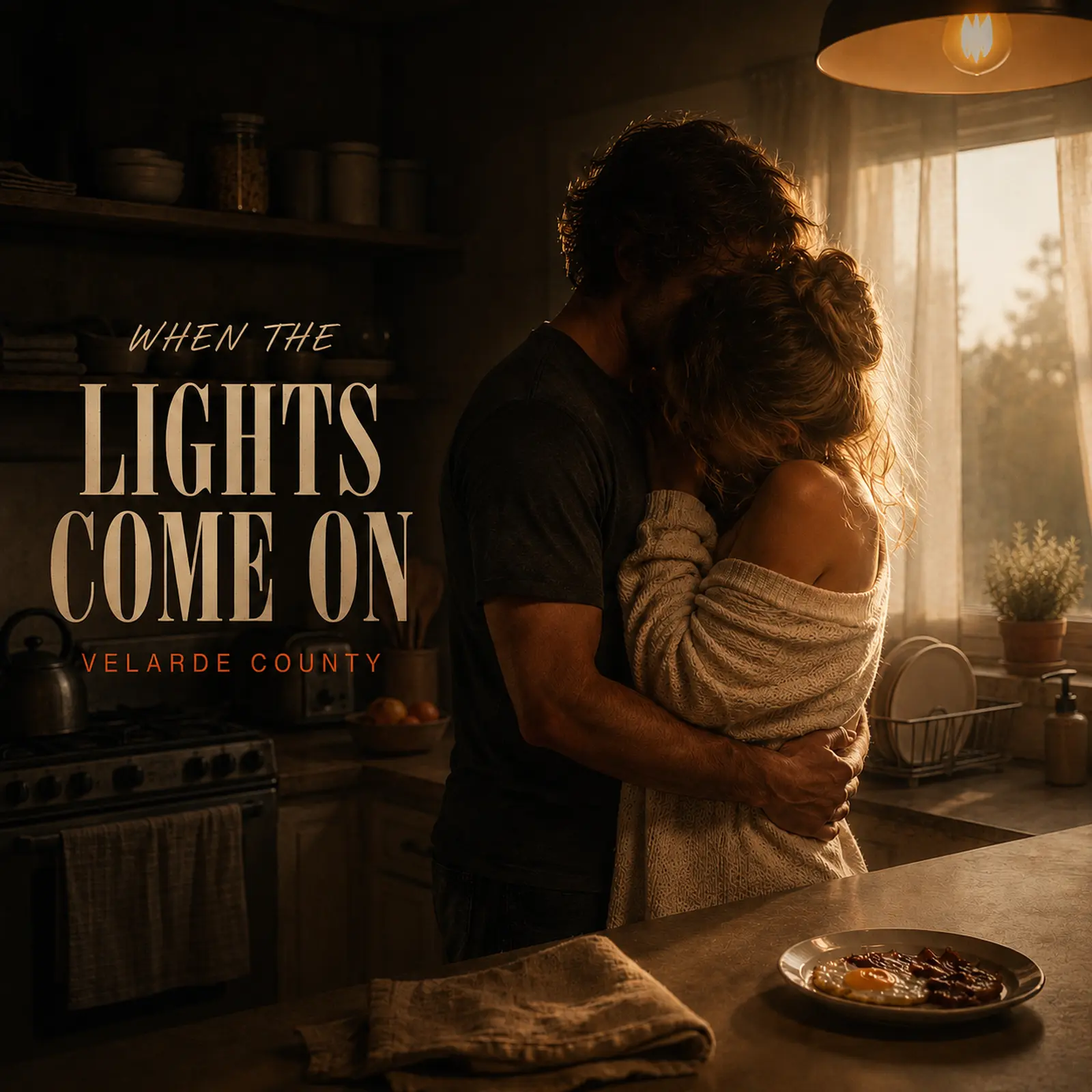 When the Lights Come On artwork: an anonymous couple embracing in a lived-in kitchen as sunrise fills the window
